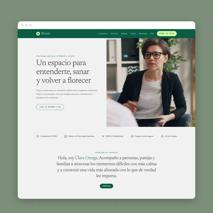 Página de inicio de una web para psicóloga con la plantilla Bloom